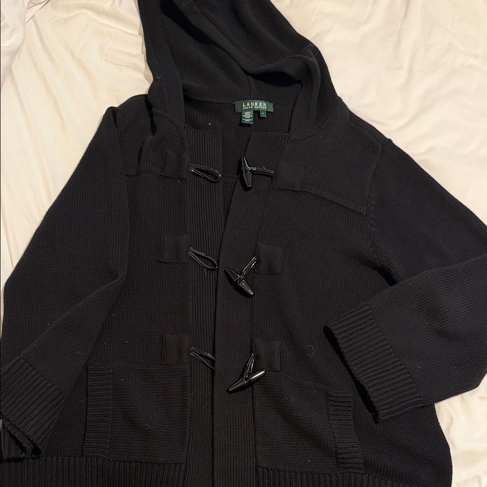 Lauren Ralph Lauren Black Hooded Toggle Cardigan Sweater OBO